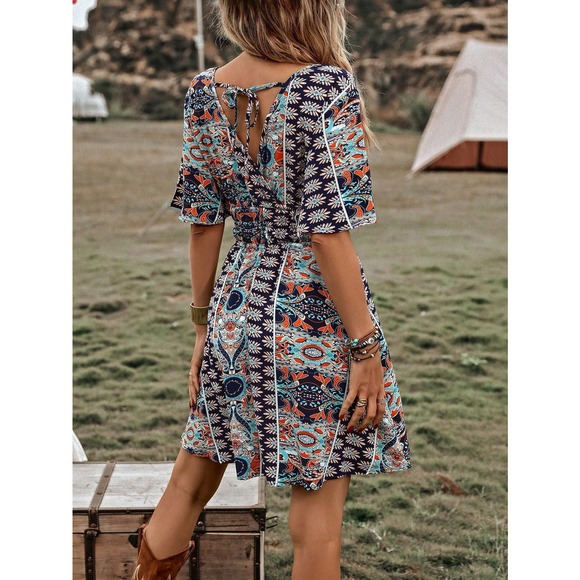 paisley boho Print Butterfly Sleeve Belted mini Dress - Picture 2 of 6
